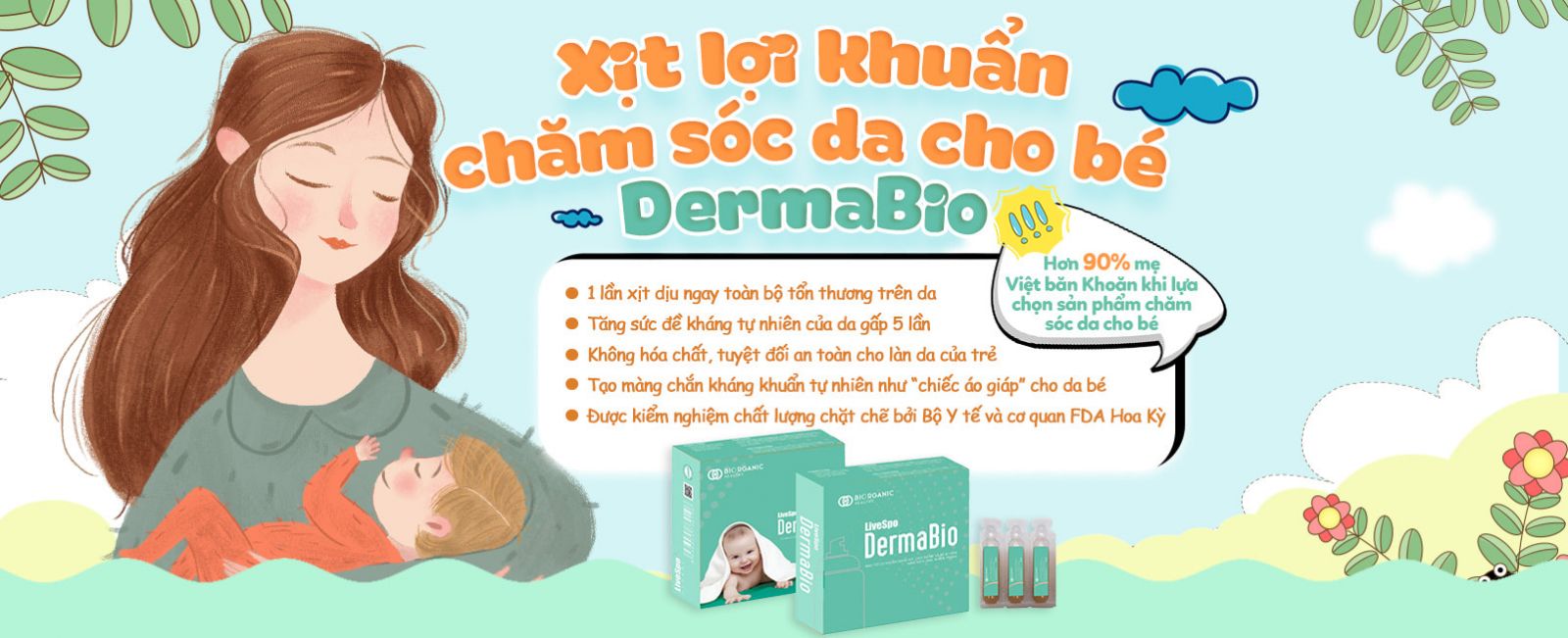 DERMABIO 1 Giải pháp xịt lợi khuẩn cho da mẹ và bé bị viêm, nấm, kích ứng, nhiễm trùng